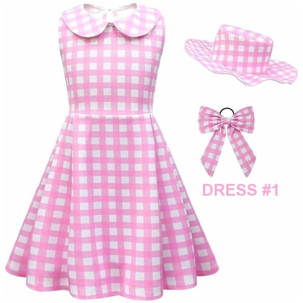 NWT Adorable Barbie Costume Movie Pink Gingham Plaid Girls Dresses +Gift - Picture 4 of 16